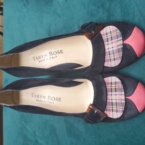 Adorable Italian Taryn Rose black & pink plaid round toe heels.